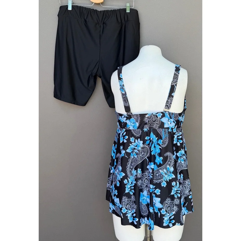 Floral Paisley Tankini Swimsuit Set 18W Black Blue Modest Swim Dress Bike Shorts - Picture 2 of 13